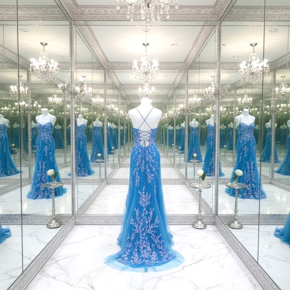 Sophia Thomas Blue Gown 2 Sequin Strappy Back Slit Mermaid Spl Event NWT $750